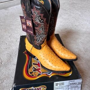 Men's Two-Tone Ostrich Leather Cowboy Boots - Black & Tan Size 10